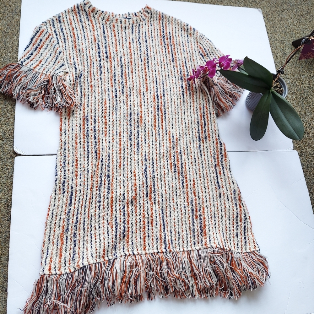 Zara cream orange blue stripe tunic fringe small